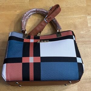 Stylish Plaid Handbag - Blue, Black, and Brown